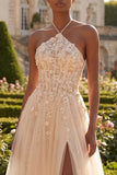 Blush Halter Corset A Line 3D Flowers Long Prom Dress with Slit