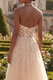 Blush Halter Corset A Line 3D Flowers Long Prom Dress with Slit