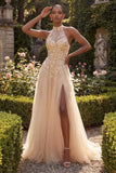 Halter Blush A Line Corset 3D Flowers Long Tulle Prom Dress with Slit