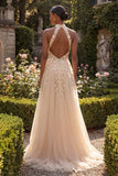 Halter Blush A Line Corset 3D Flowers Long Tulle Prom Dress with Slit