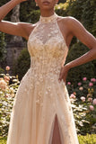 Halter Blush A Line Corset 3D Flowers Long Tulle Prom Dress with Slit