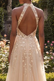 Halter Blush A Line Corset 3D Flowers Long Tulle Prom Dress with Slit