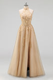 Halter Blush A Line Corset 3D Flowers Long Tulle Prom Dress with Slit