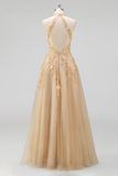 Halter Blush A Line Corset 3D Flowers Long Tulle Prom Dress with Slit