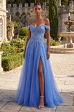 Blue Off The Shoulder Beaded A Line Basque Waist Corset Prom Dress with Slit