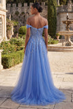 Blue Off The Shoulder Beaded A Line Basque Waist Corset Prom Dress with Slit