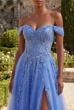 Blue Off The Shoulder Beaded A Line Basque Waist Corset Prom Dress with Slit