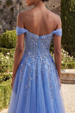 Blue Off The Shoulder Beaded A Line Basque Waist Corset Prom Dress with Slit