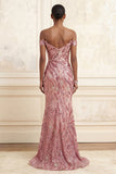 Sparkly Pink Off the Shoulder Mermaid Long Prom Dress with Sequins