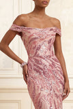 Sparkly Pink Off the Shoulder Mermaid Long Prom Dress with Sequins