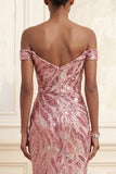 Sparkly Pink Off the Shoulder Mermaid Long Prom Dress with Sequins