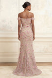 Pink Off the Shoulder Mermaid Floral Long Prom Dress with 3D Flowers