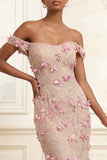 Pink Off the Shoulder Mermaid Floral Long Prom Dress with 3D Flowers