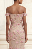 Pink Off the Shoulder Mermaid Floral Long Prom Dress with 3D Flowers