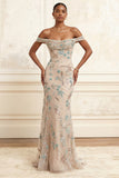Champagne Mermaid Off the Shoulder Beaded Long Prom Dress with Sequins
