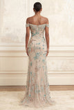 Champagne Mermaid Off the Shoulder Beaded Long Prom Dress with Sequins