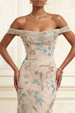 Champagne Mermaid Off the Shoulder Beaded Long Prom Dress with Sequins