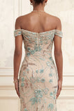 Champagne Mermaid Off the Shoulder Beaded Long Prom Dress with Sequins