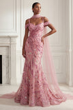 Sparkly Pink Mermaid Cold Shoulder Sequin Long Prom Dress with a Neck Scarf