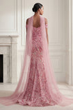 Sparkly Pink Mermaid Cold Shoulder Sequin Long Prom Dress with a Neck Scarf