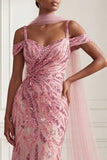 Sparkly Pink Mermaid Cold Shoulder Sequin Long Prom Dress with a Neck Scarf