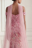 Sparkly Pink Mermaid Cold Shoulder Sequin Long Prom Dress with a Neck Scarf