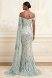 Sparkly Mermaid Blue Off the Shoulder Sequin Long Prom Dress with Side Cape