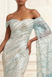 Sparkly Mermaid Blue Off the Shoulder Sequin Long Prom Dress with Side Cape