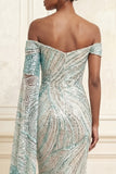 Sparkly Mermaid Blue Off the Shoulder Sequin Long Prom Dress with Side Cape