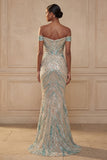Off the Shoulder Mermaid Blue Long Prom Dress with Sequins