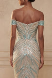Off the Shoulder Mermaid Blue Long Prom Dress with Sequins