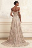 Sparkly Champagne Off the Shoulder Mermaid Long Prom Dress with Sequins