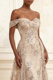 Sparkly Champagne Off the Shoulder Mermaid Long Prom Dress with Sequins