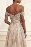 Sparkly Champagne Off the Shoulder Mermaid Long Prom Dress with Sequins