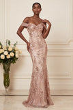 Sparkly Mermaid Blush Off the Shoulder Long Prom Dress with Sequins