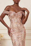 Sparkly Mermaid Blush Off the Shoulder Long Prom Dress with Sequins