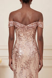 Sparkly Mermaid Blush Off the Shoulder Long Prom Dress with Sequins