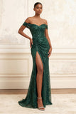 Dark Green Mermaid Off the Shoulder Ruched Sequin Long Prom Dress with Slit