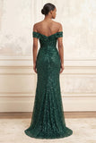 Dark Green Mermaid Off the Shoulder Ruched Sequin Long Prom Dress with Slit