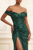 Dark Green Mermaid Off the Shoulder Ruched Sequin Long Prom Dress with Slit