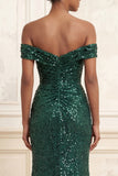 Dark Green Mermaid Off the Shoulder Ruched Sequin Long Prom Dress with Slit