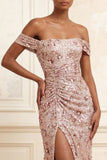 Sparkly Blush Off the Shoulder Mermaid Sequins Ruched Long Prom Dress with Slit