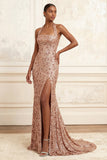Halter Mermaid Blush Sequins Ruched Long Prom Dress with Slit