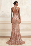 Halter Mermaid Blush Sequins Ruched Long Prom Dress with Slit