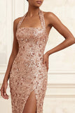 Halter Mermaid Blush Sequins Ruched Long Prom Dress with Slit