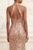 Halter Mermaid Blush Sequins Ruched Long Prom Dress with Slit
