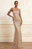 Champagne Mermaid Halter Neck Sequins Ruched Long Prom Dress