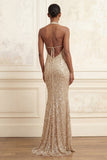 Champagne Mermaid Halter Neck Sequins Ruched Long Prom Dress