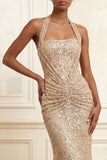 Champagne Mermaid Halter Neck Sequins Ruched Long Prom Dress