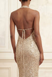 Champagne Mermaid Halter Neck Sequins Ruched Long Prom Dress